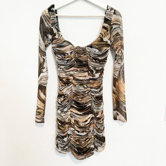 Zara Mesh Long Sleeve Ruched Marble Print Bodycon Mini Dress Stretchy Size XS - Picture 9 of 11